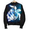 Blue Neon Sea Turtle Print Women Casual Bomber Jacket