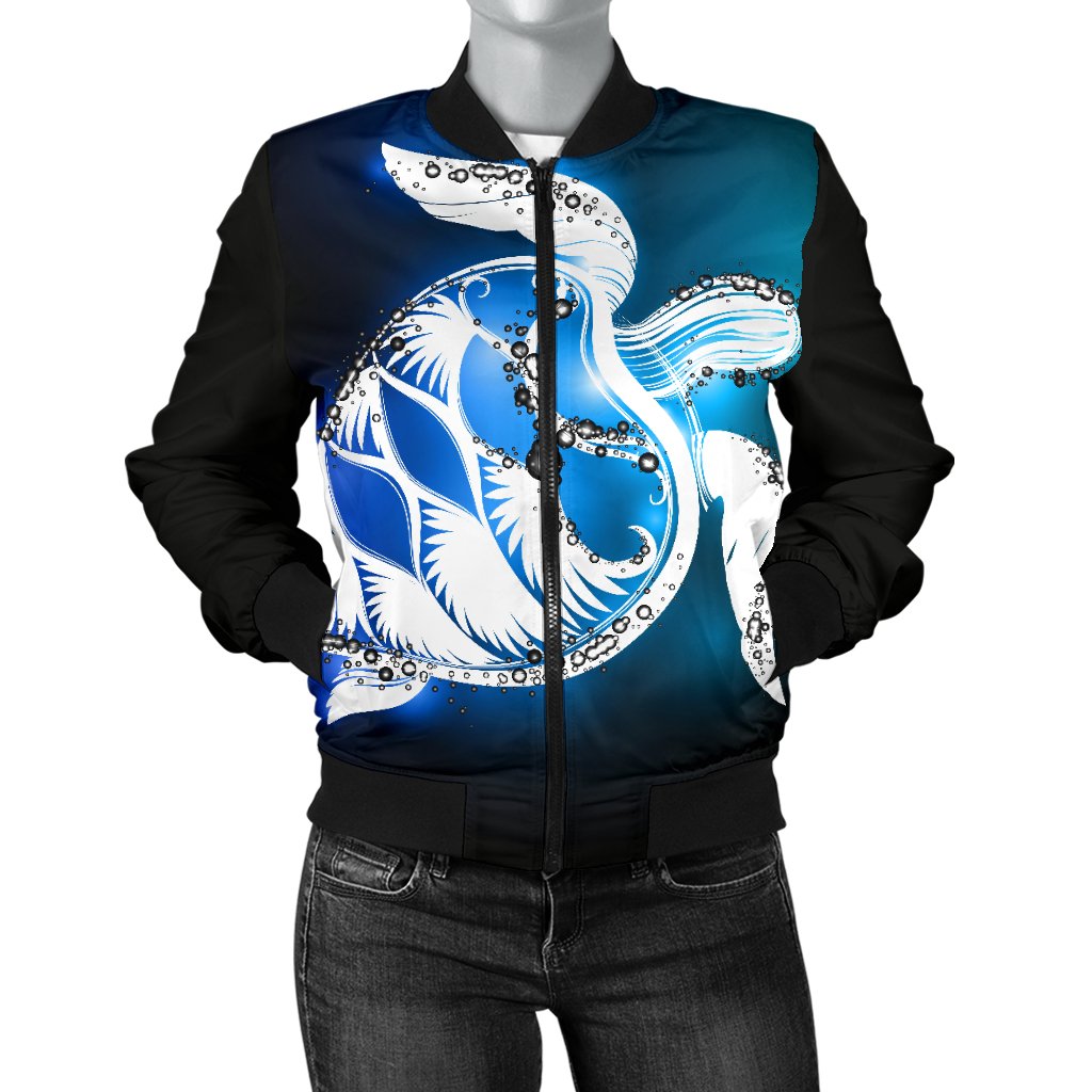 Blue Neon Sea Turtle Print Women Casual Bomber Jacket