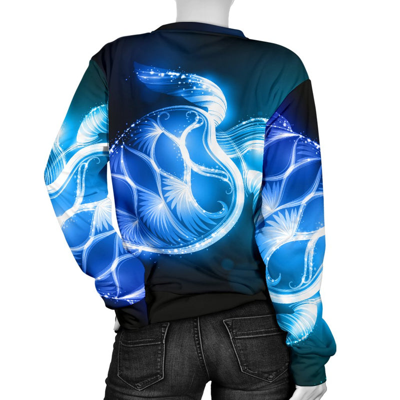 Blue Neon Sea Turtle Print Women Crewneck Sweatshirt