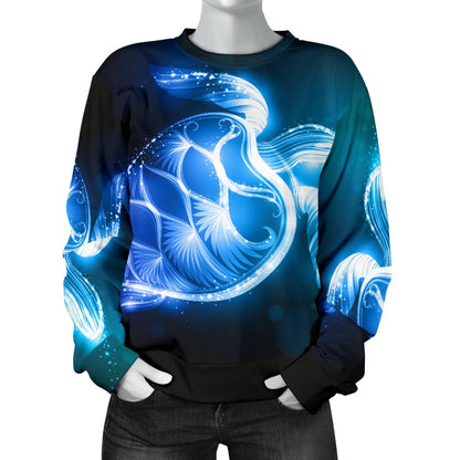 Blue Neon Sea Turtle Print Women Crewneck Sweatshirt