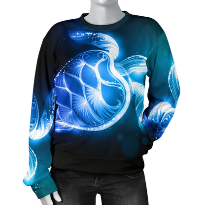 Blue Neon Sea Turtle Print Women Crewneck Sweatshirt