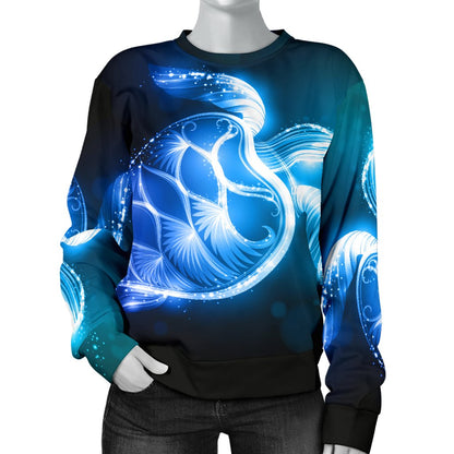 Blue Neon Sea Turtle Print Women Crewneck Sweatshirt