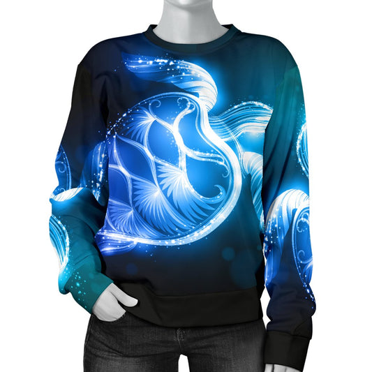 Blue Neon Sea Turtle Print Women Crewneck Sweatshirt