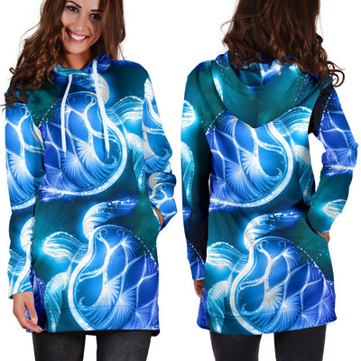 Blue Neon Sea Turtle Print Women Hoodie Dress