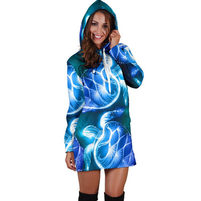 Blue Neon Sea Turtle Print Women Hoodie Dress