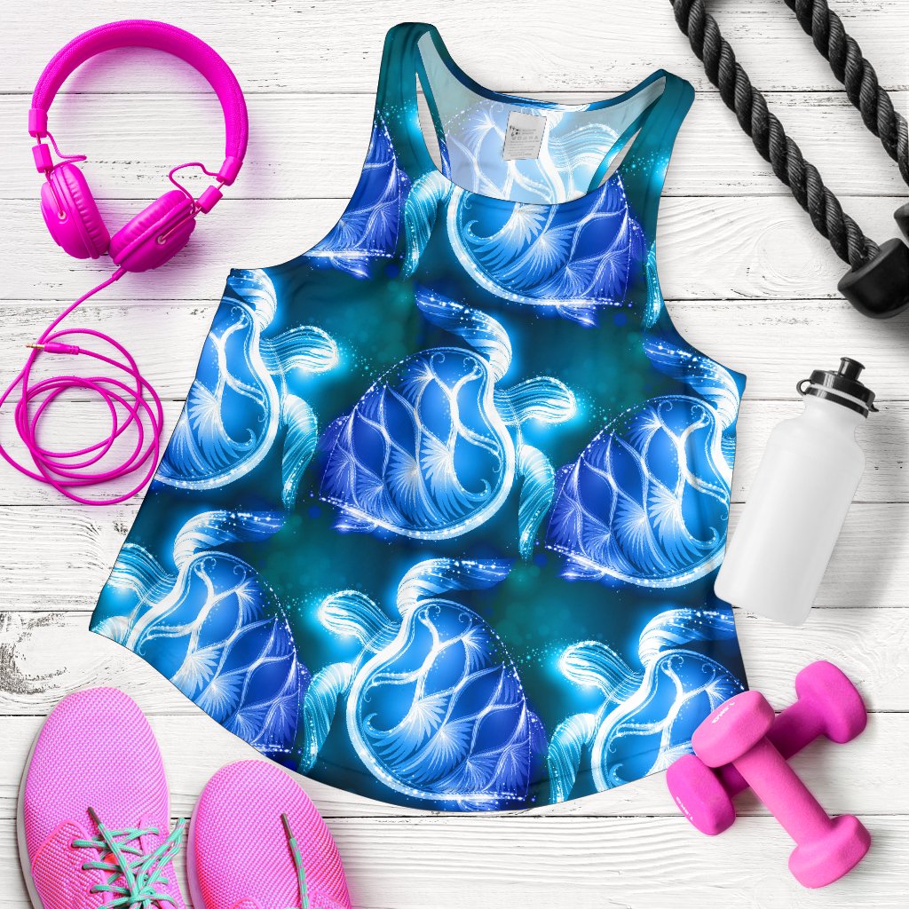 Blue Neon Sea Turtle Print Women Racerback Tank Top