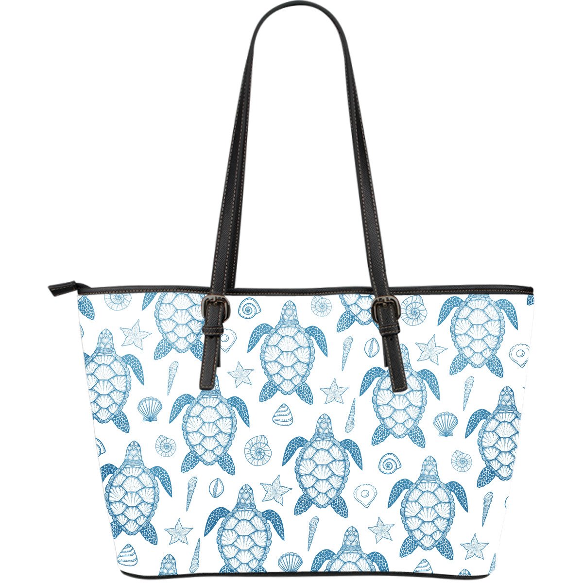 Blue Sea Turtle Pattern Large Leather Tote Bag