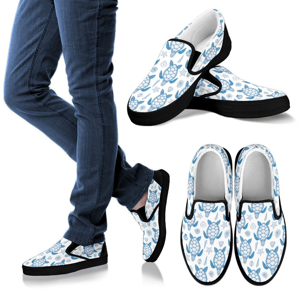 Blue Sea Turtle Pattern Men Canvas Slip On Shoes
