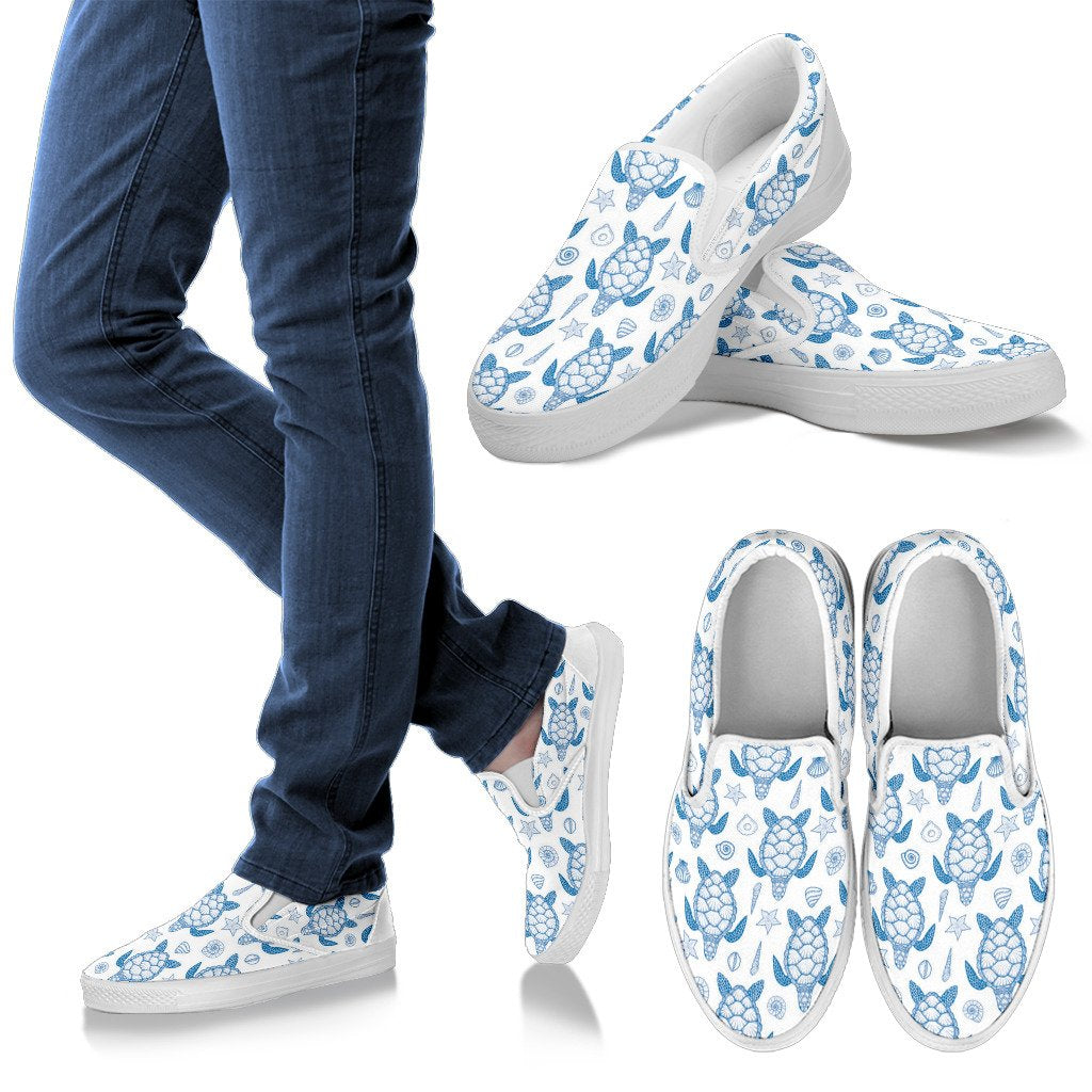Blue Sea Turtle Pattern Men Canvas Slip On Shoes