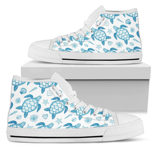Blue Sea Turtle Pattern Men High Top Canvas Shoes