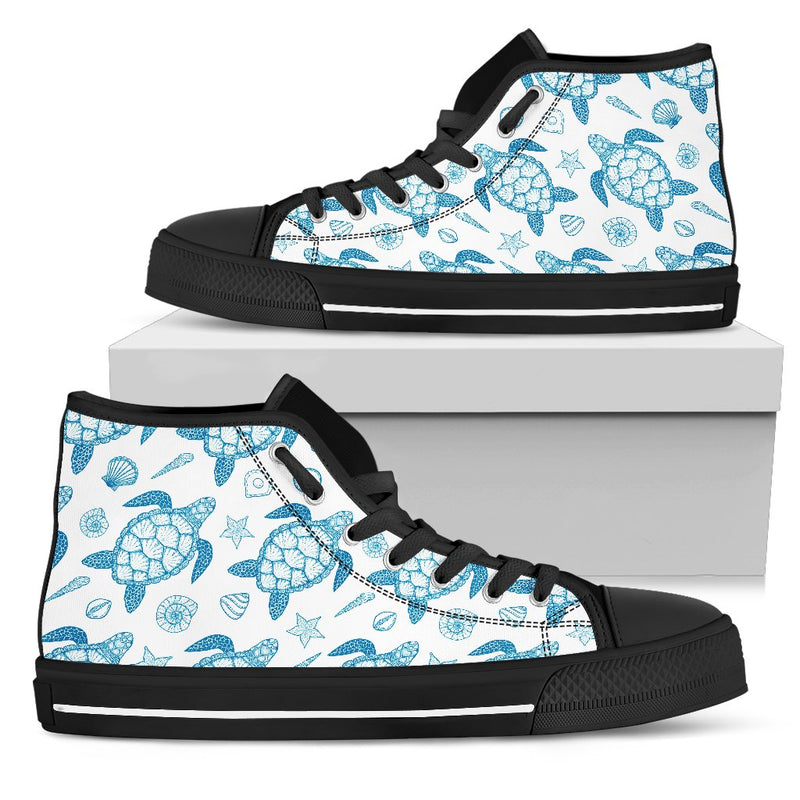 Blue Sea Turtle Pattern Women High Top Canvas Shoes