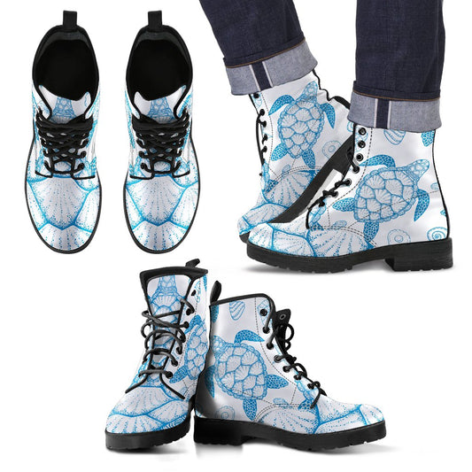 Blue Sea Turtle Pattern Women & Men Leather Boots