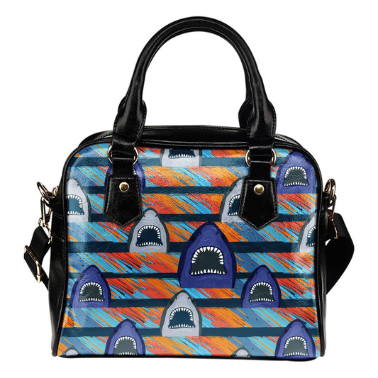 Blue Shark Pattern Leather Shoulder Handbag