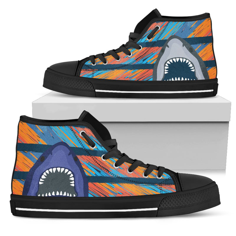 Blue Shark Pattern Men High Top Canvas Shoes