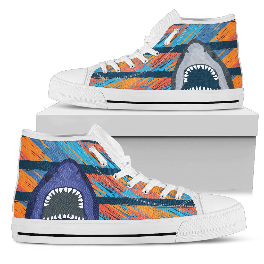 Blue Shark Pattern Men High Top Canvas Shoes