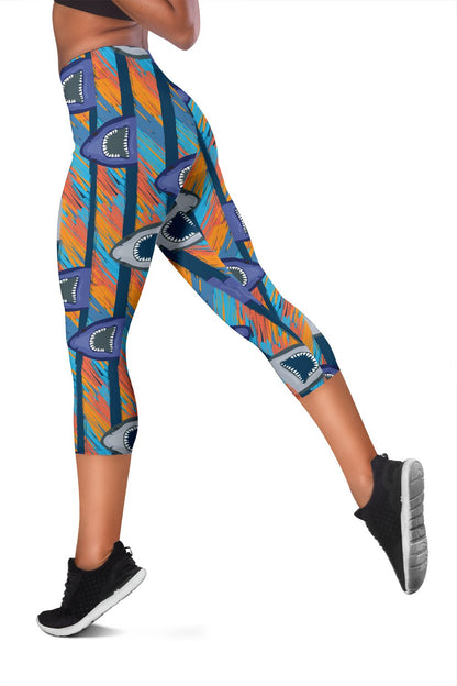 Blue Shark Pattern Women Capris