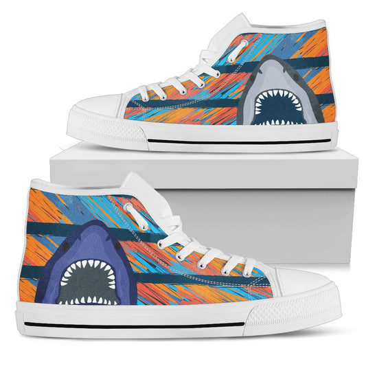 Blue Shark Pattern Women High Top Canvas Shoes