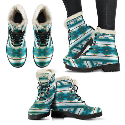 Blue Tribal Aztec Faux Fur Leather Boots