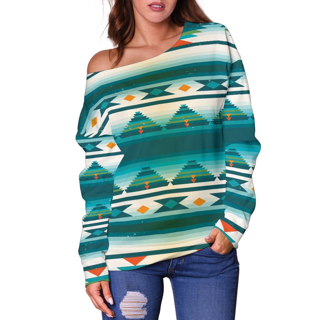 Blue Tribal Aztec Off Shoulder Sweatshirt