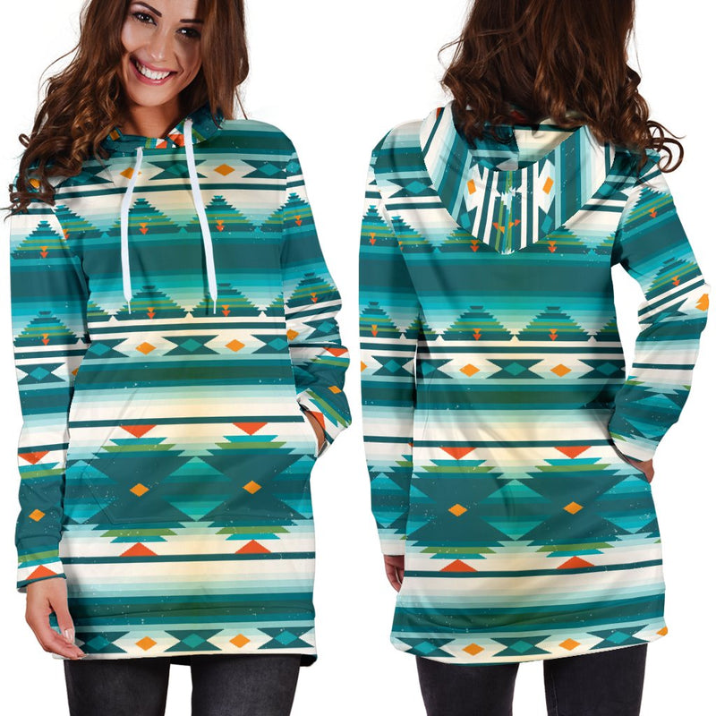 Blue Tribal Aztec Women Hoodie Dress