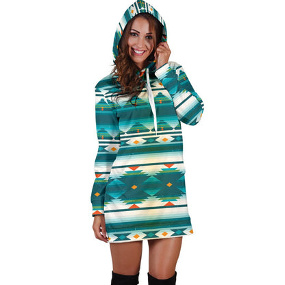 Blue Tribal Aztec Women Hoodie Dress