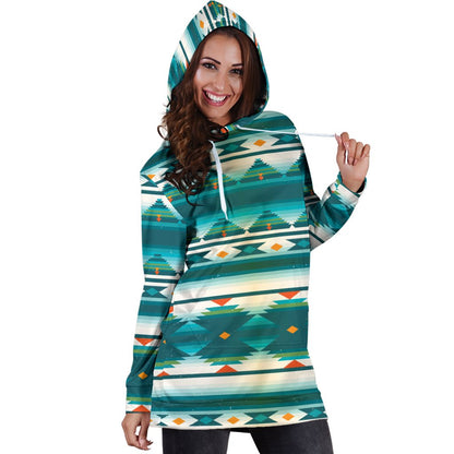 Blue Tribal Aztec Women Hoodie Dress