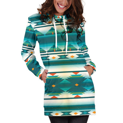Blue Tribal Aztec Women Hoodie Dress