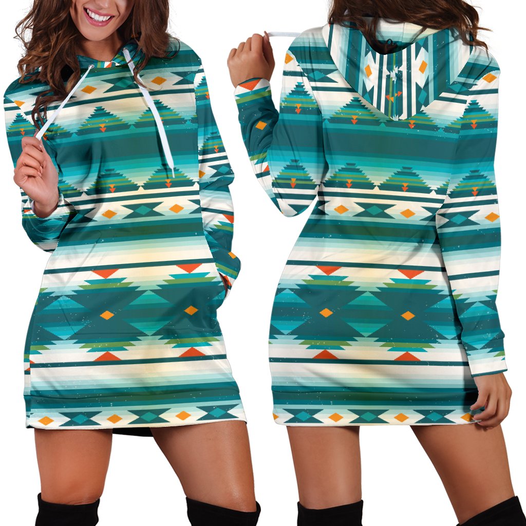 Blue Tribal Aztec Women Hoodie Dress