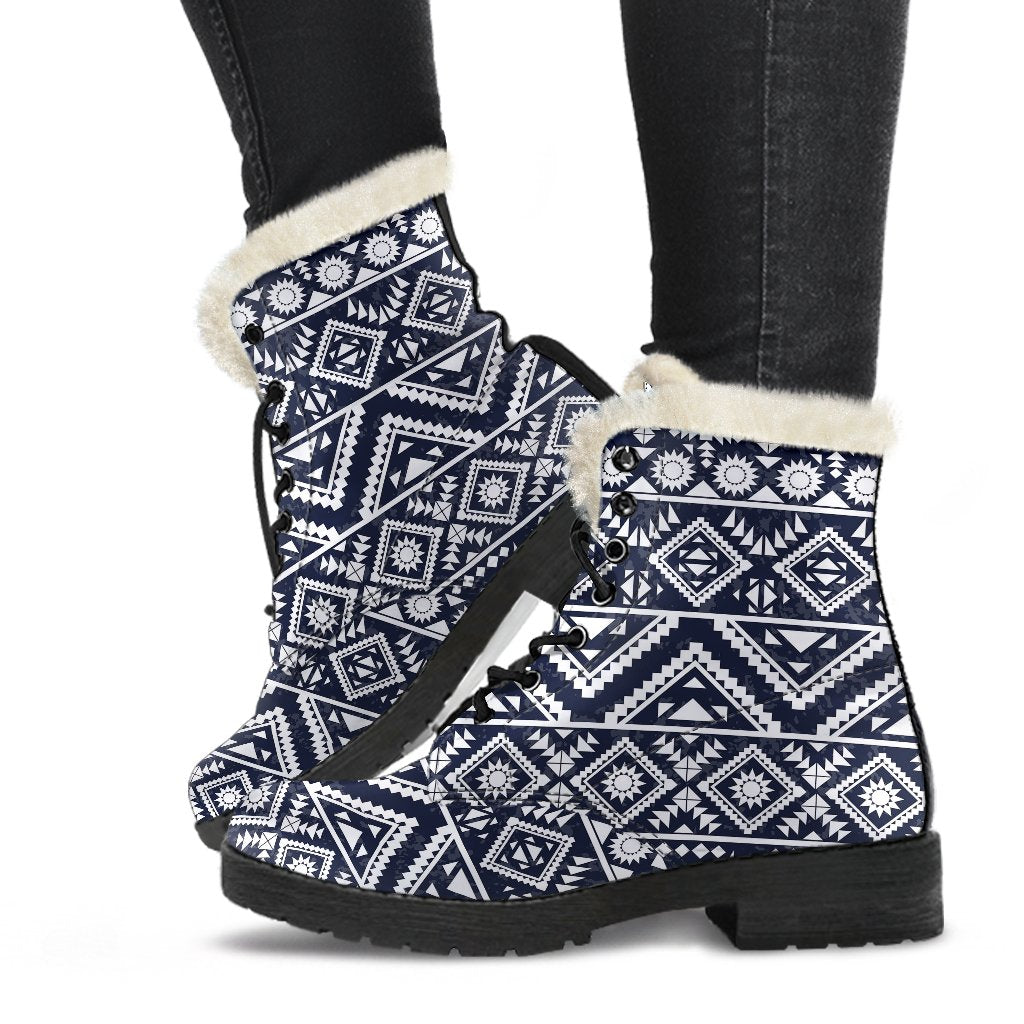 Blue White Tribal Aztec Faux Fur Leather Boots