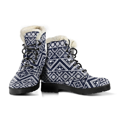 Blue White Tribal Aztec Faux Fur Leather Boots