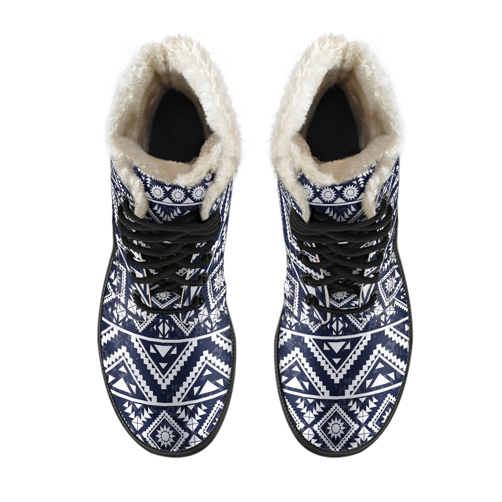 Blue White Tribal Aztec Faux Fur Leather Boots