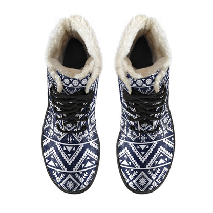 Blue White Tribal Aztec Faux Fur Leather Boots