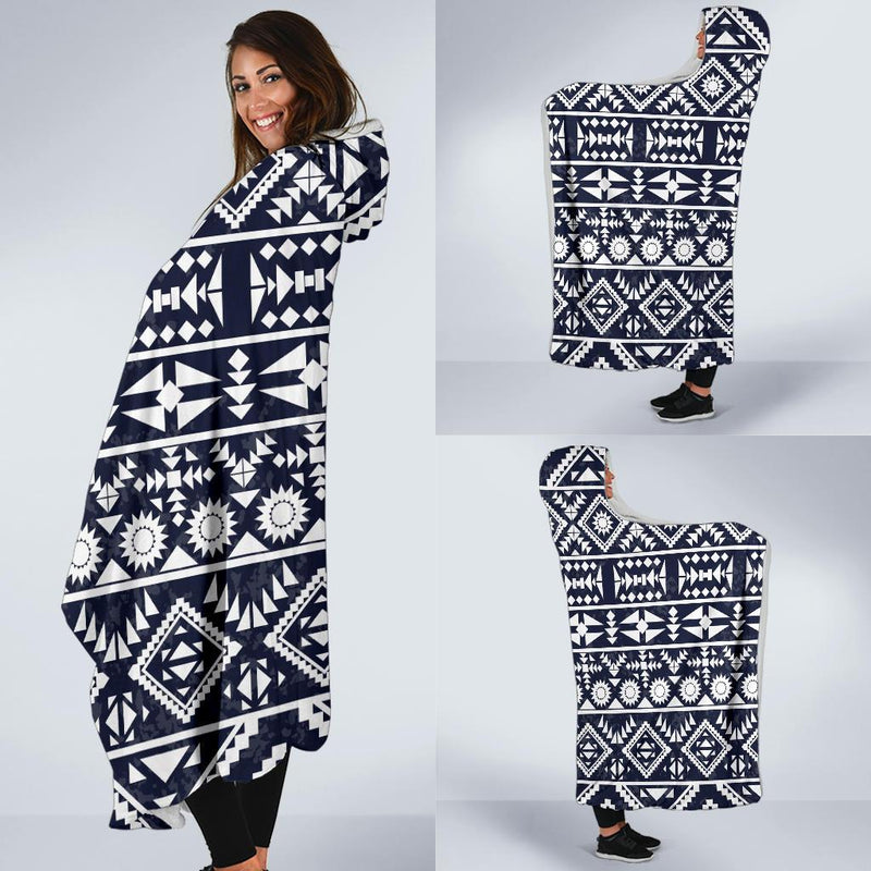 Blue White Tribal Aztec Hooded Blanket-JORJUNE.COM