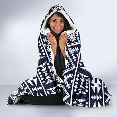 Blue White Tribal Aztec Hooded Blanket-JORJUNE.COM