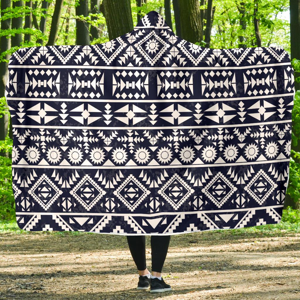 Blue White Tribal Aztec Hooded Blanket-JORJUNE.COM