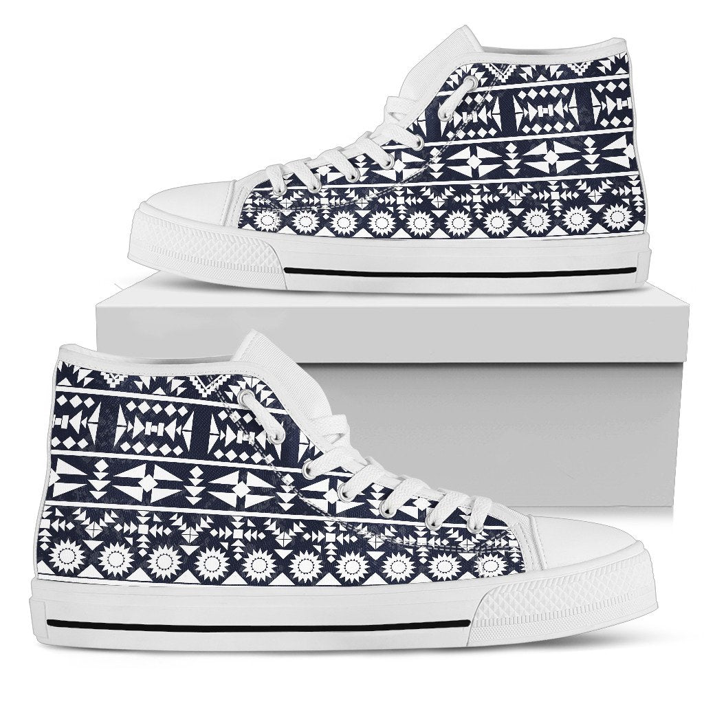 Blue White Tribal Aztec Men High Top Shoes