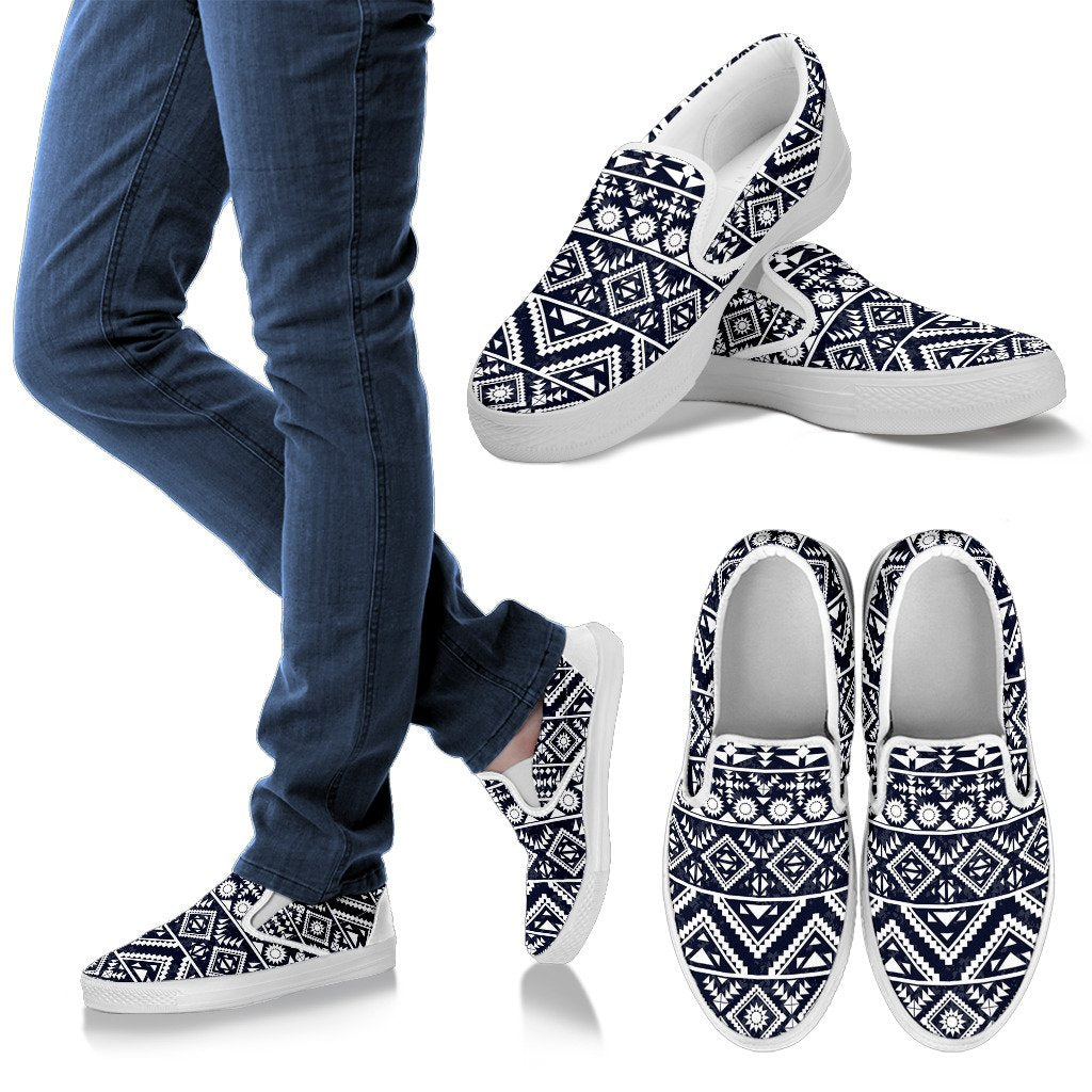 Blue White Tribal Aztec Men Slip On Shoes