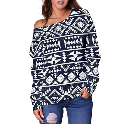 Blue White Tribal Aztec Off Shoulder Sweatshirt