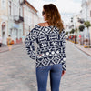 Blue White Tribal Aztec Off Shoulder Sweatshirt