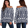 Blue White Tribal Aztec Off Shoulder Sweatshirt