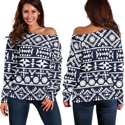 Blue White Tribal Aztec Off Shoulder Sweatshirt