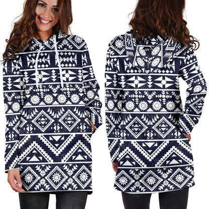 Blue White Tribal Aztec Women Hoodie Dress