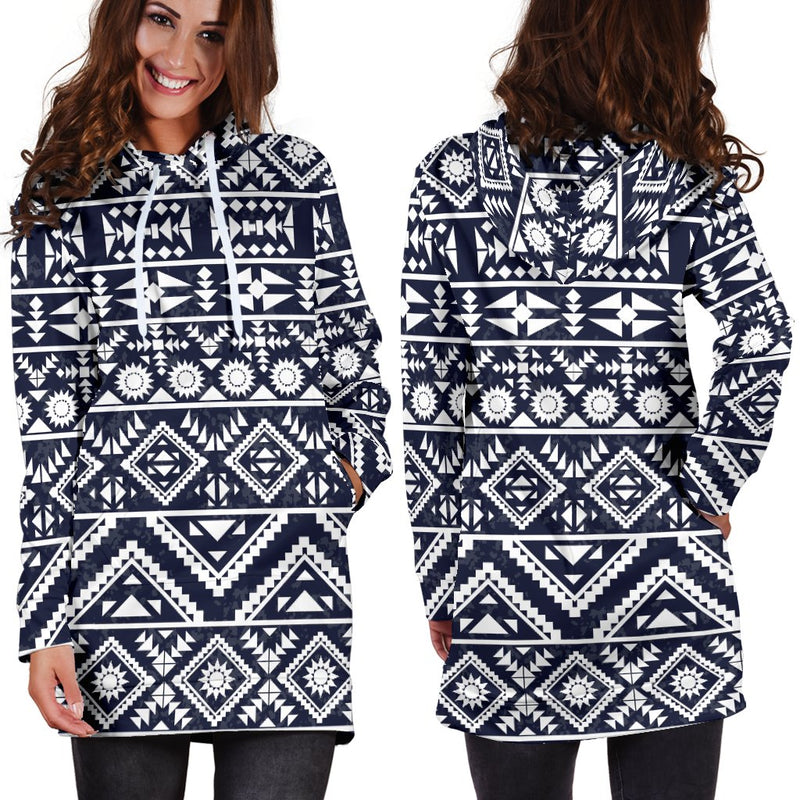 Blue White Tribal Aztec Women Hoodie Dress