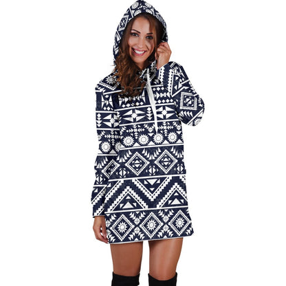 Blue White Tribal Aztec Women Hoodie Dress