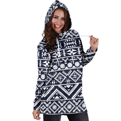 Blue White Tribal Aztec Women Hoodie Dress