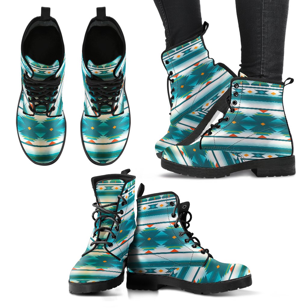 Blue White Tribal Aztec Women Leather Boots