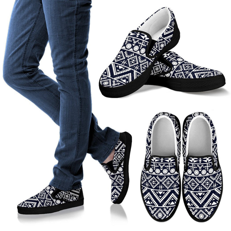 Blue White Tribal Aztec Women Slip On Shoes