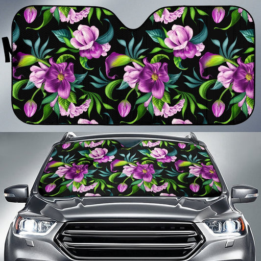 Bright Purple Floral Pattern Car Sun Shade-JorJune