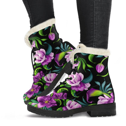 Bright Purple Floral Pattern Faux Fur Leather Boots