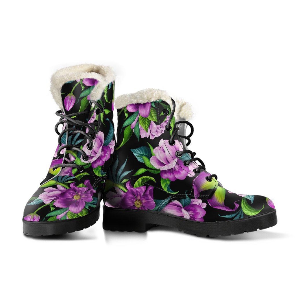 Bright Purple Floral Pattern Faux Fur Leather Boots